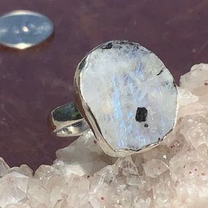 BLACK TOURMALINE IN RAINBOW MOONSTONE 925 STERLING SILVER RING, SIZE 7